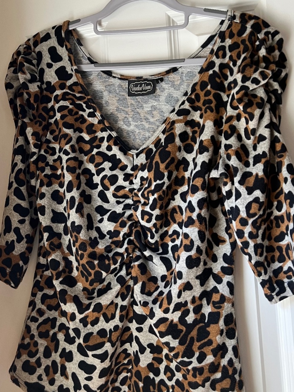 Voodoo Vixen Leopard Print Top Von Teese Curve Ruched Shoulder & Front Bodice L - Picture 3 of 9